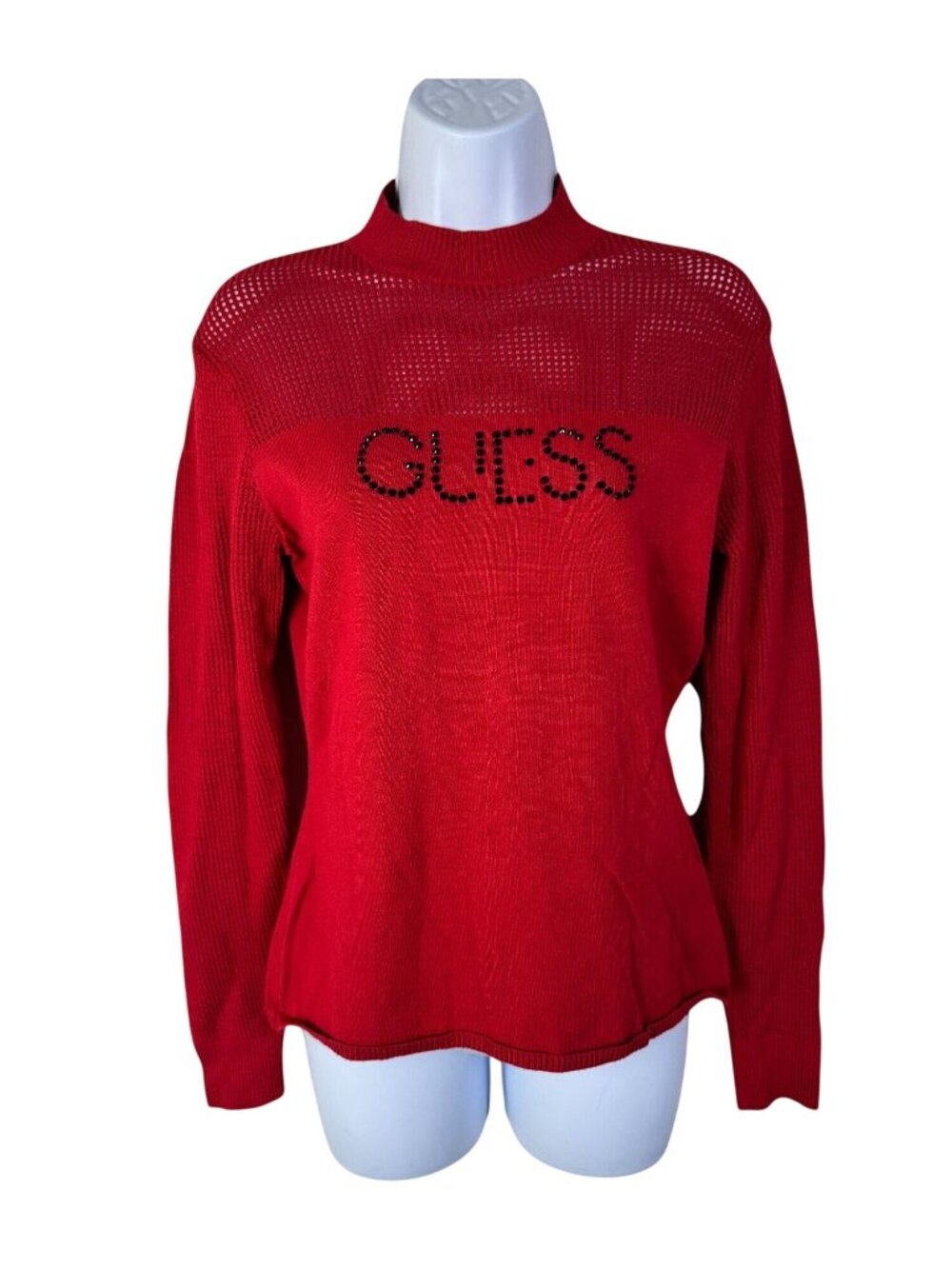 Guess Womens Red Knit Sweater Rhinestone Logo Sheer Mesh Yoke Size Large Y2K 90s